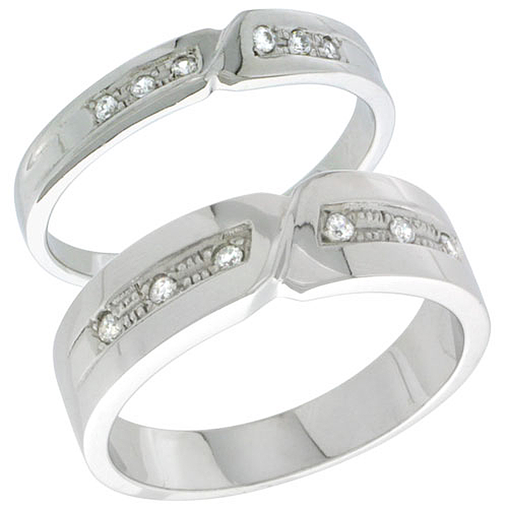 STERLING SILVER CUBIC ZIRCONIA 2-PIECE WEDDING RING SET FOR HIM 6MM 1/4 INCH WIDE & HER 4MM 5/32 INCH WIDE, SIZES L 5 - 10 & M 8 - 14