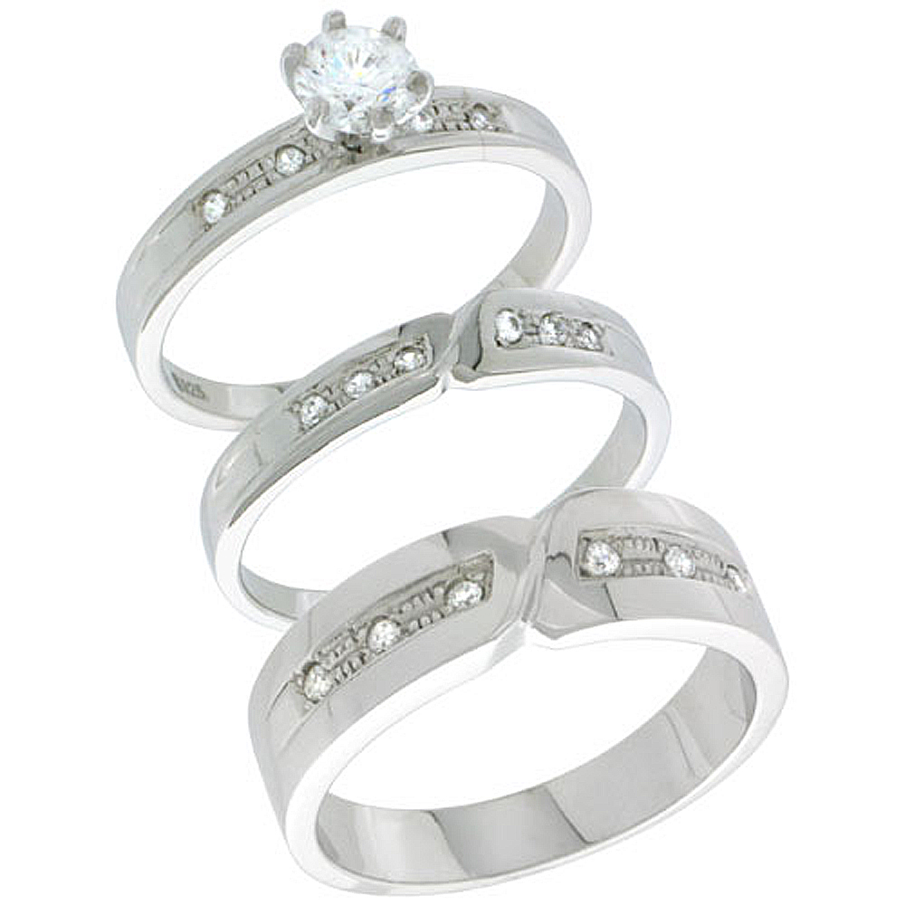 STERLING SILVER CUBIC ZIRCONIA TRIO ENGAGEMENT WEDDING RING SET FOR HIM AND HER, MEN'S BAND 1/4 INCH WIDE, L 5 - 10 & M 8 - 14
