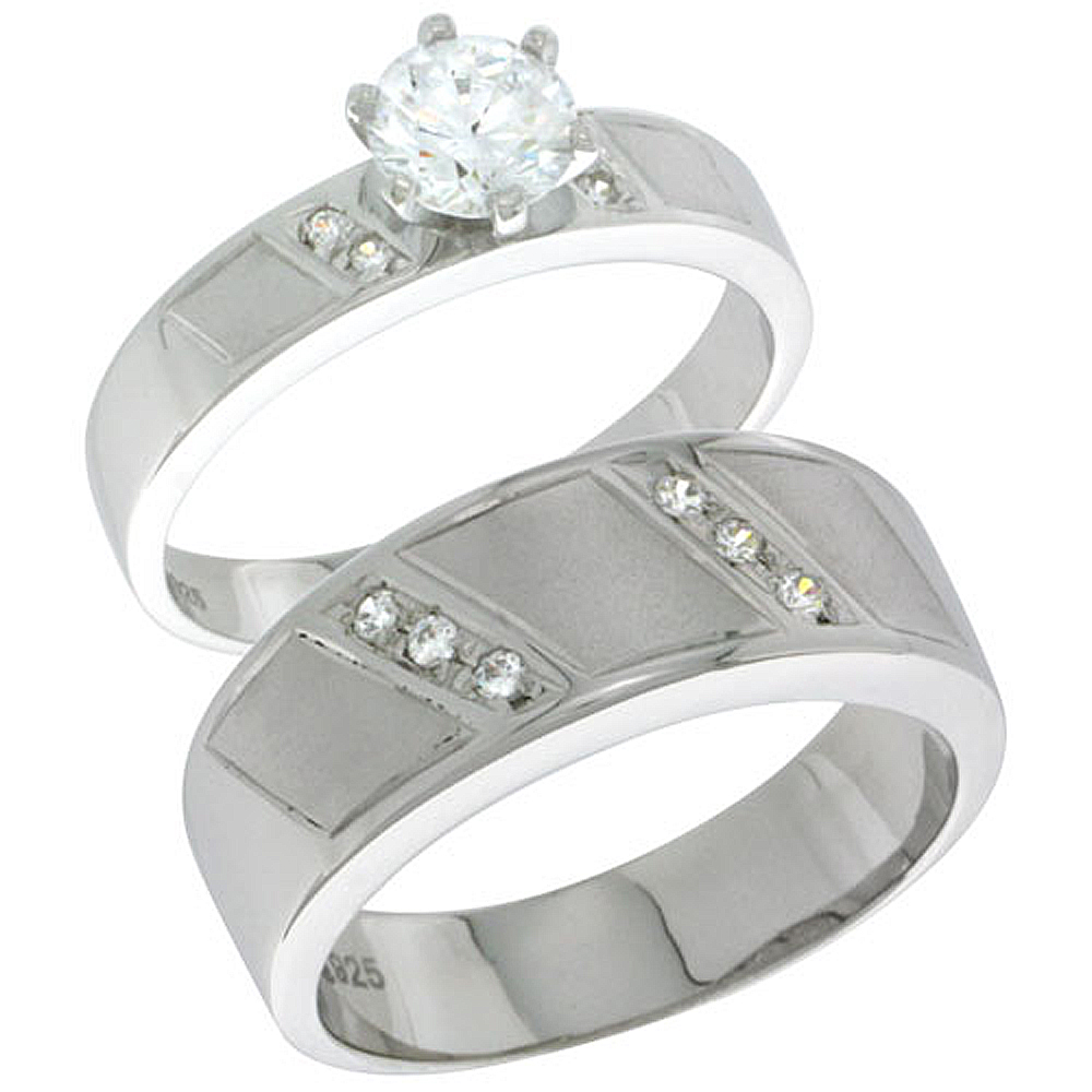 STERLING SILVER CUBIC ZIRCONIA ENGAGEMENT RINGS SET FOR HIM & HER BRILLIANT CUT SOLITAIRE 5/16 INCH WIDE, SIZES L 5-10 M 8-14