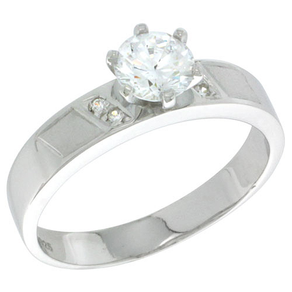 STERLING SILVER CUBIC ZIRCONIA SOLITAIRE ENGAGEMENT RING 1 CT SIZE BRILLIANT CUT 5/32 INCH WIDE