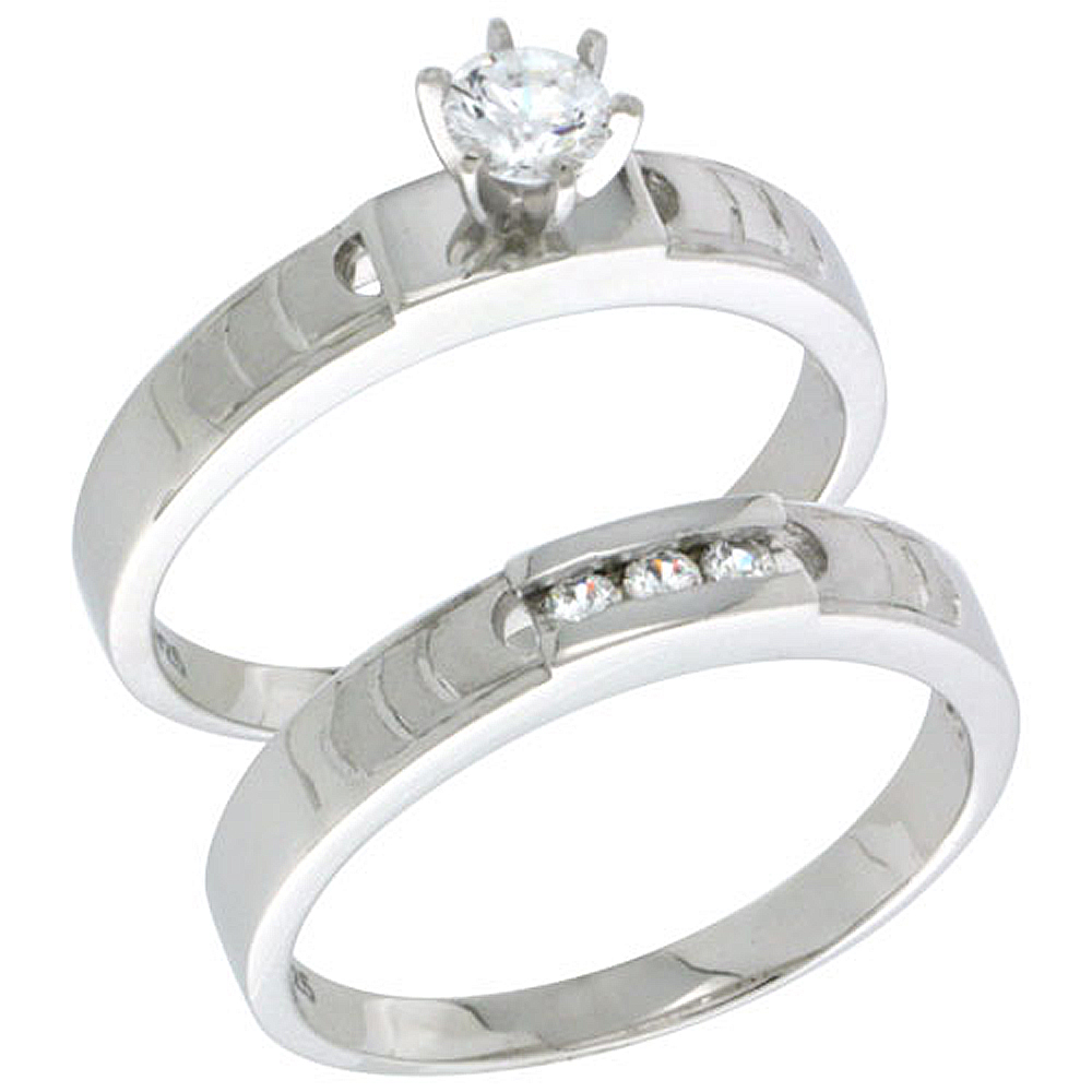 STERLING SILVER CUBIC ZIRCONIA LADIES� ENGAGEMENT RING SET 2-PIECE, 5/32 INCH WIDE