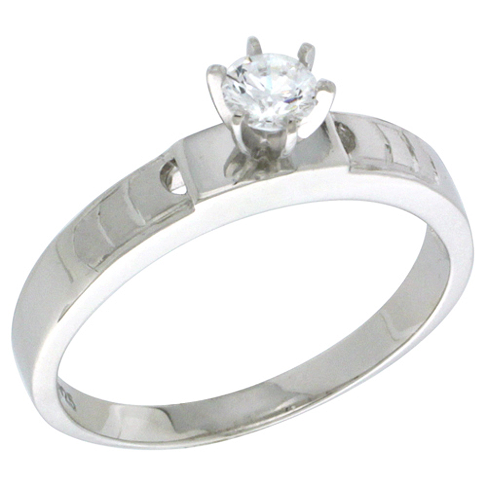 STERLING SILVER CUBIC ZIRCONIA SOLITAIRE ENGAGEMENT RING 0.5 CT SIZE BRILLIANT CUT 5/32 INCH WIDE