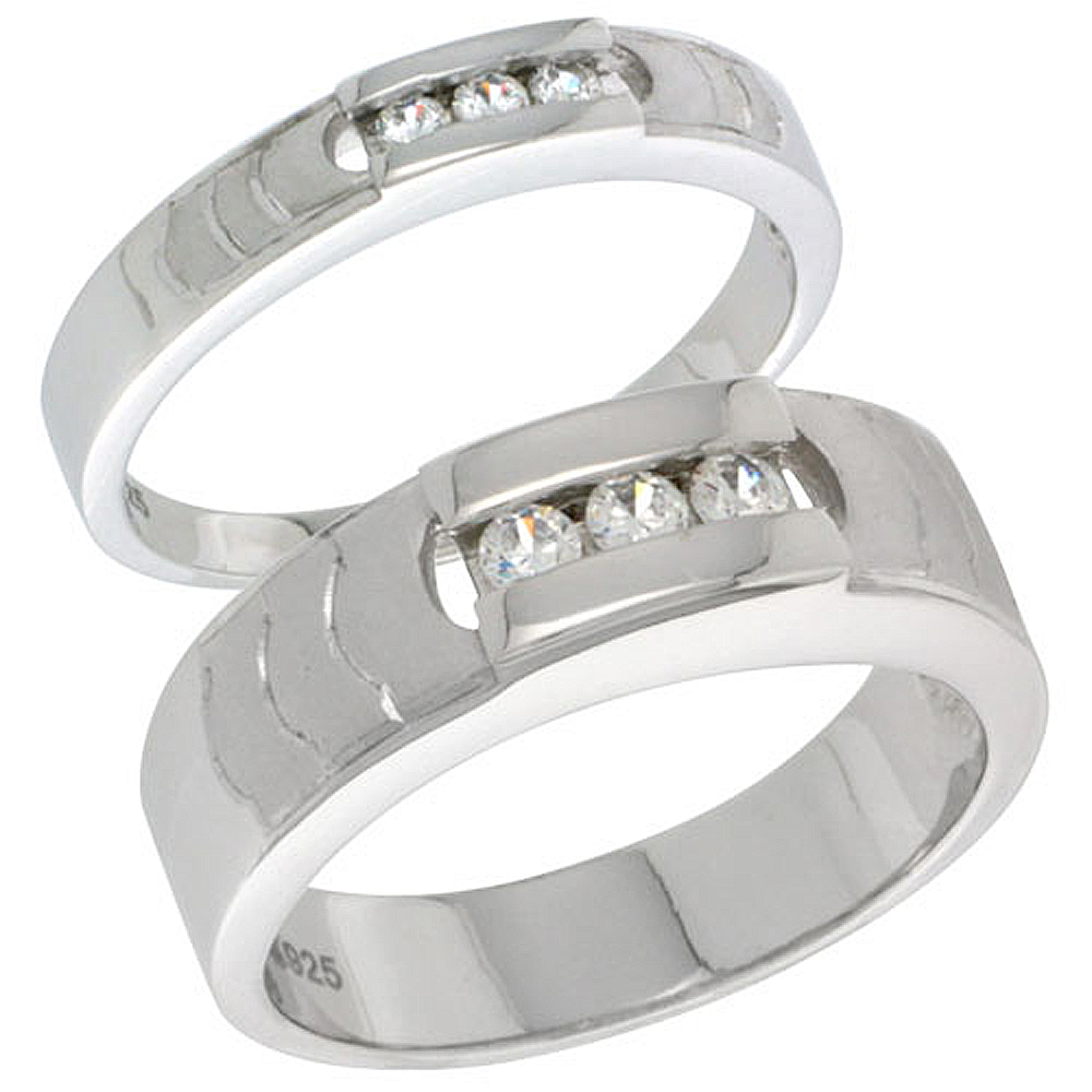 STERLING SILVER CUBIC ZIRCONIA 2-PIECE WEDDING RING SET FOR HIM 6MM 1/4 INCH WIDE & HER 4MM 5/32 INCH WIDE, SIZES L 5 - 10 & M 8 - 14