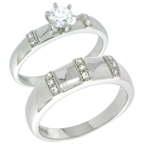 STERLING SILVER CUBIC ZIRCONIA ENGAGEMENT RINGS SET FOR HIM & HER BRILLIANT CUT SOLITAIRE 1/4 INCH WIDE, SIZES L 5-10 M 8-14