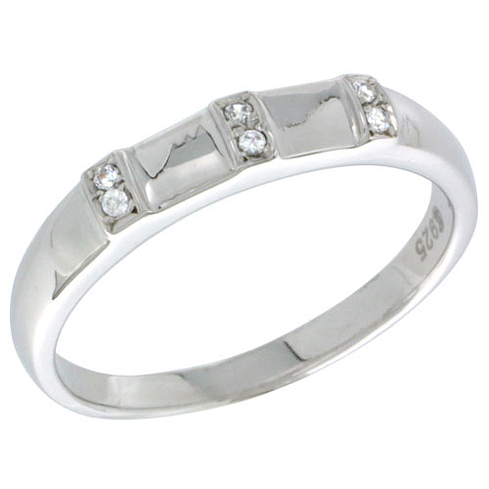 STERLING SILVER CUBIC ZIRCONIA LADIES' WEDDING BAND RING, 5/32 INCH WIDE