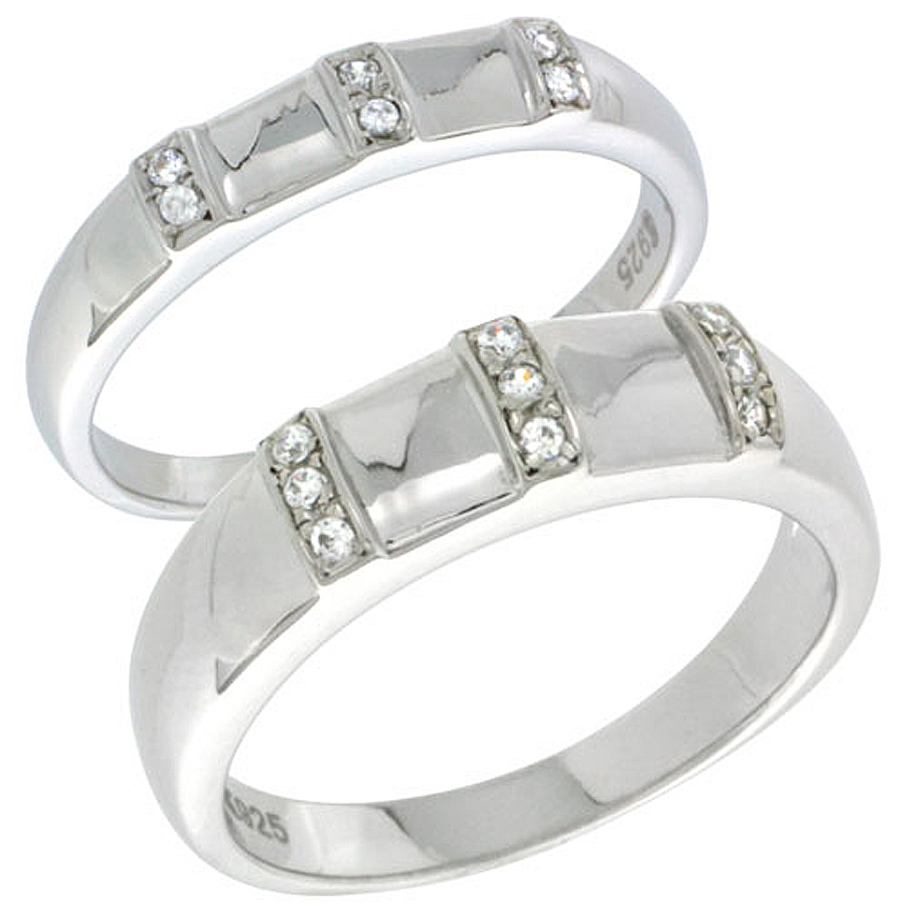 STERLING SILVER CUBIC ZIRCONIA 2-PIECE WEDDING RING SET FOR HIM 6MM 1/4 INCH WIDE & HER 4MM 5/32 INCH WIDE, SIZES L 5 - 10 & M 8 - 14