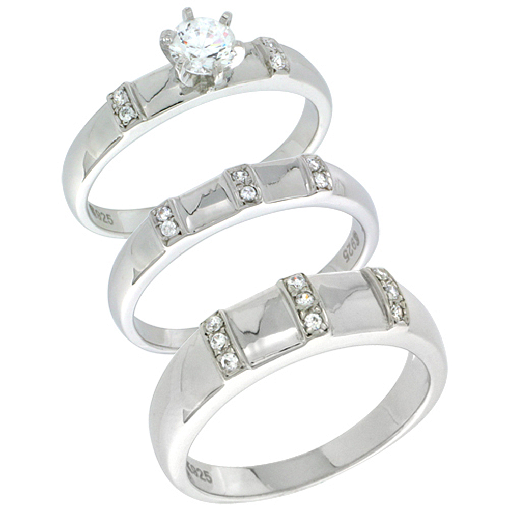 STERLING SILVER CUBIC ZIRCONIA TRIO ENGAGEMENT WEDDING RING SET FOR HIM AND HER, MEN'S BAND 1/4 INCH WIDE, L 5 - 10 & M 8 - 14