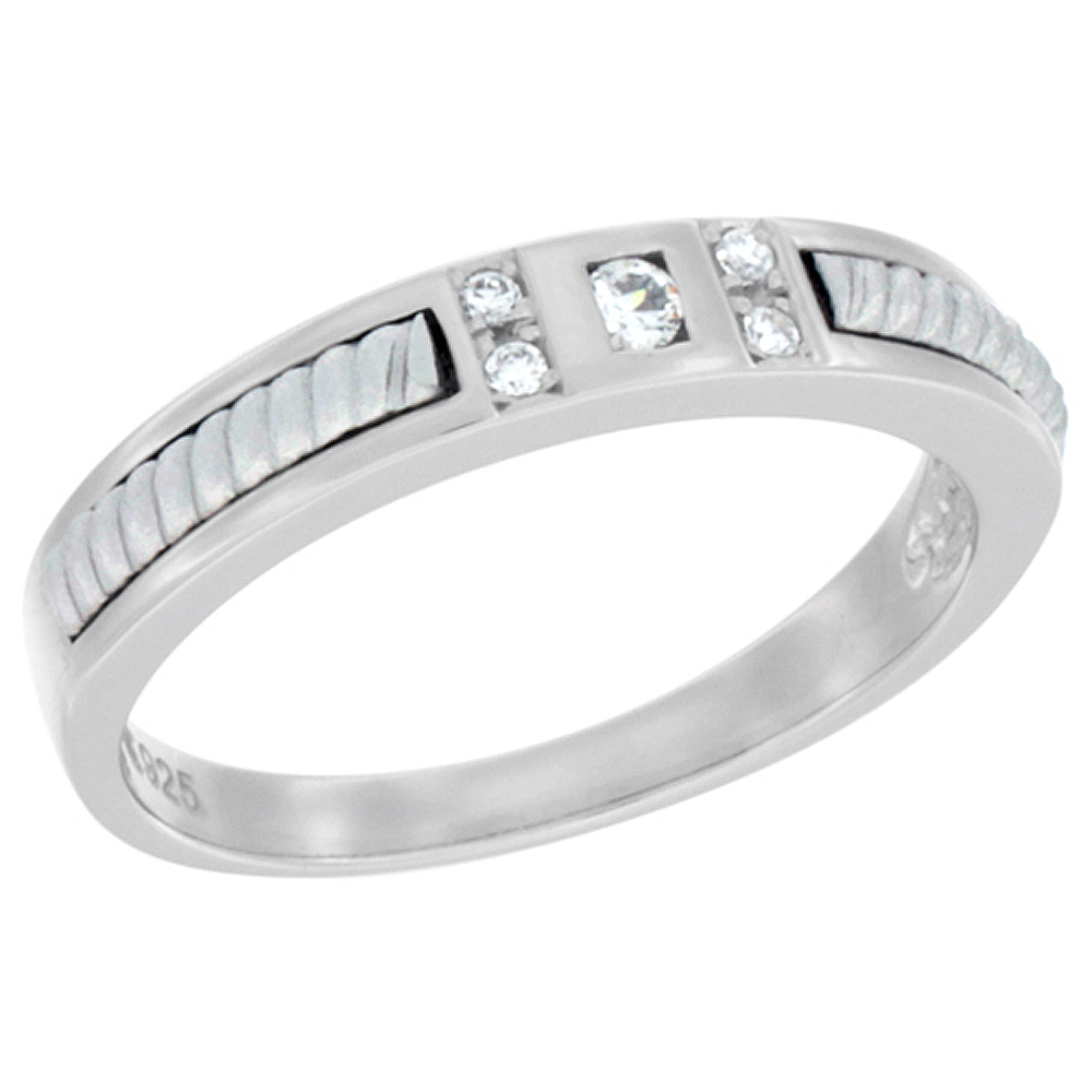STERLING SILVER CUBIC ZIRCONIA LADIES' WEDDING BAND RING ROPE DESIGN, 1/16 INCH WIDE, SIZES 5 TO 10