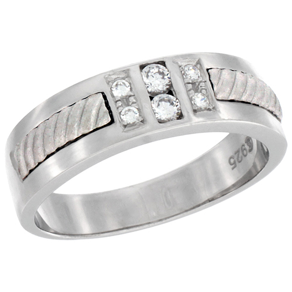 STERLING SILVER CUBIC ZIRCONIA MEN'S WEDDING BAND RING ROPE DESIGN, 3/16 INCH WIDE, SIZES 8 TO 14