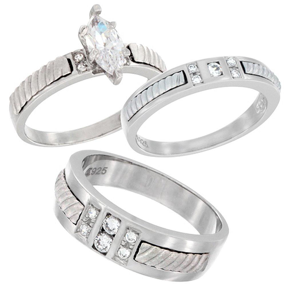 STERLING SILVER CUBIC ZIRCONIA TRIO ENGAGEMENT WEDDING RING SET FOR 7 MM HIM AND HERS 4 MM ROPE DESIGN, L 5 - 10 & M 8 - 14