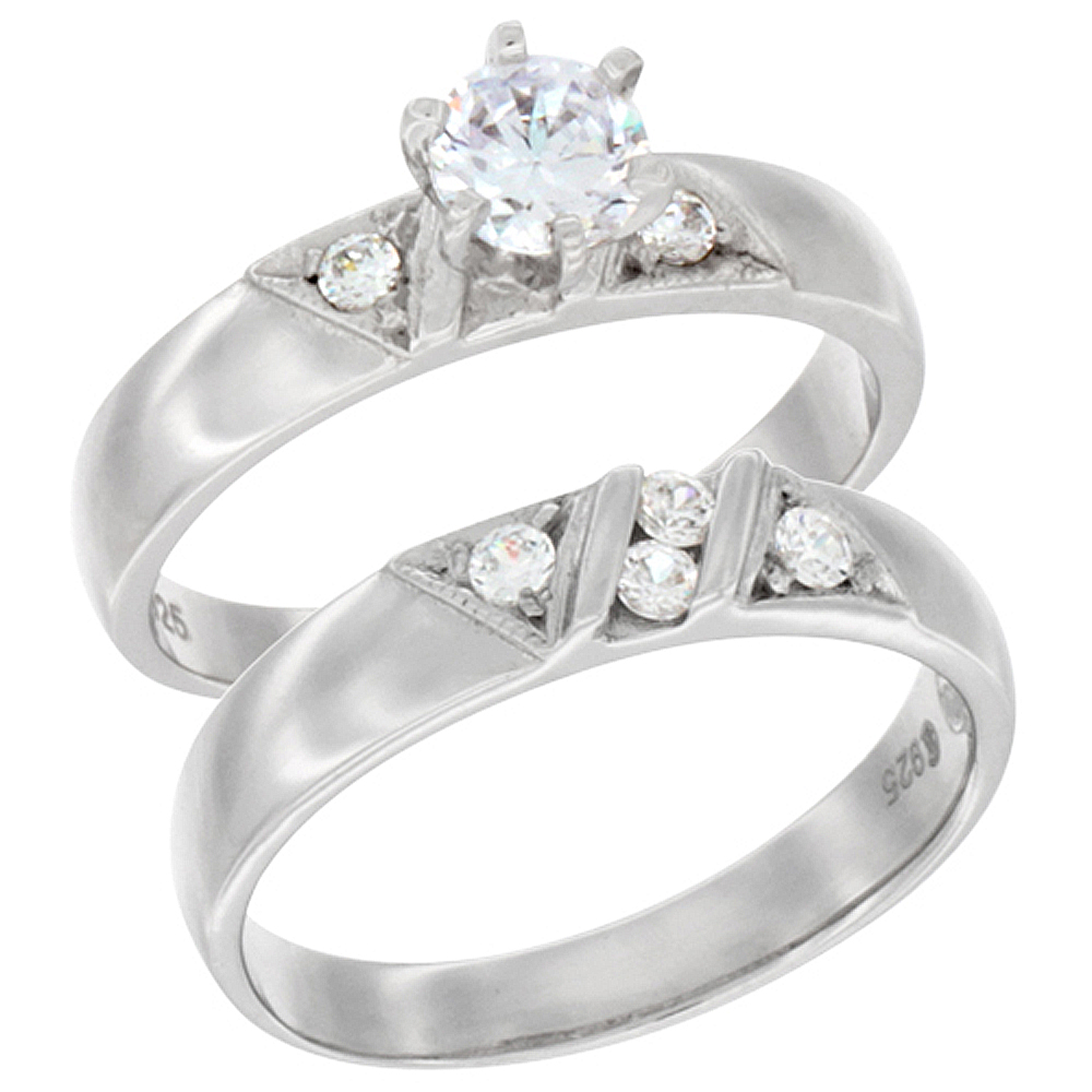 STERLING SILVER CUBIC ZIRCONIA LADIES� ENGAGEMENT RING SET 2-PIECE TRIANGLE DESIGN, 1/4 INCH WIDE, SIZES 5 TO 10