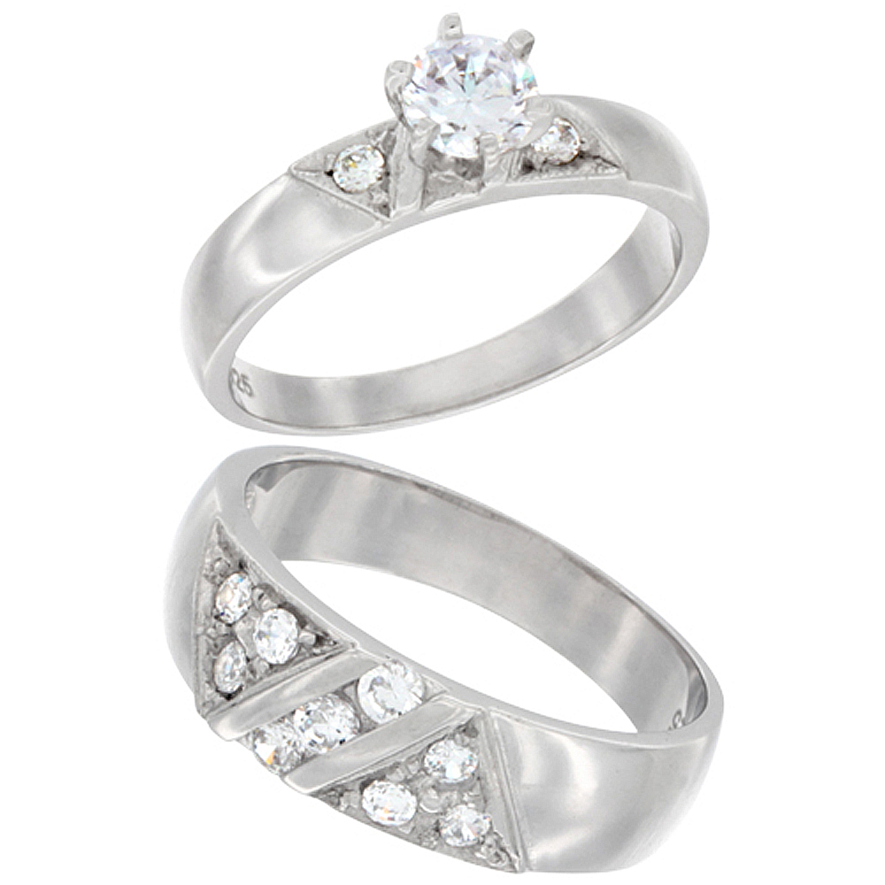 STERLING SILVER CUBIC ZIRCONIA ENGAGEMENT RINGS SET FOR 7 MM HIM & HERS 6 MM TRIANGLE DESIGN, L 5 - 10 & M 8 - 14