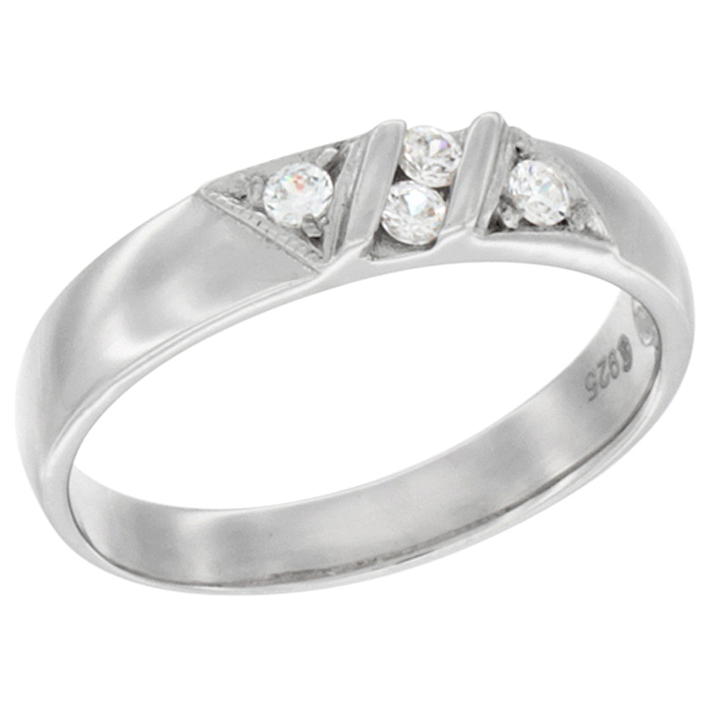 STERLING SILVER CUBIC ZIRCONIA LADIES' WEDDING BAND RING TRIANGLE DESIGN, 5/32 INCH WIDE, SIZES 5 TO 10