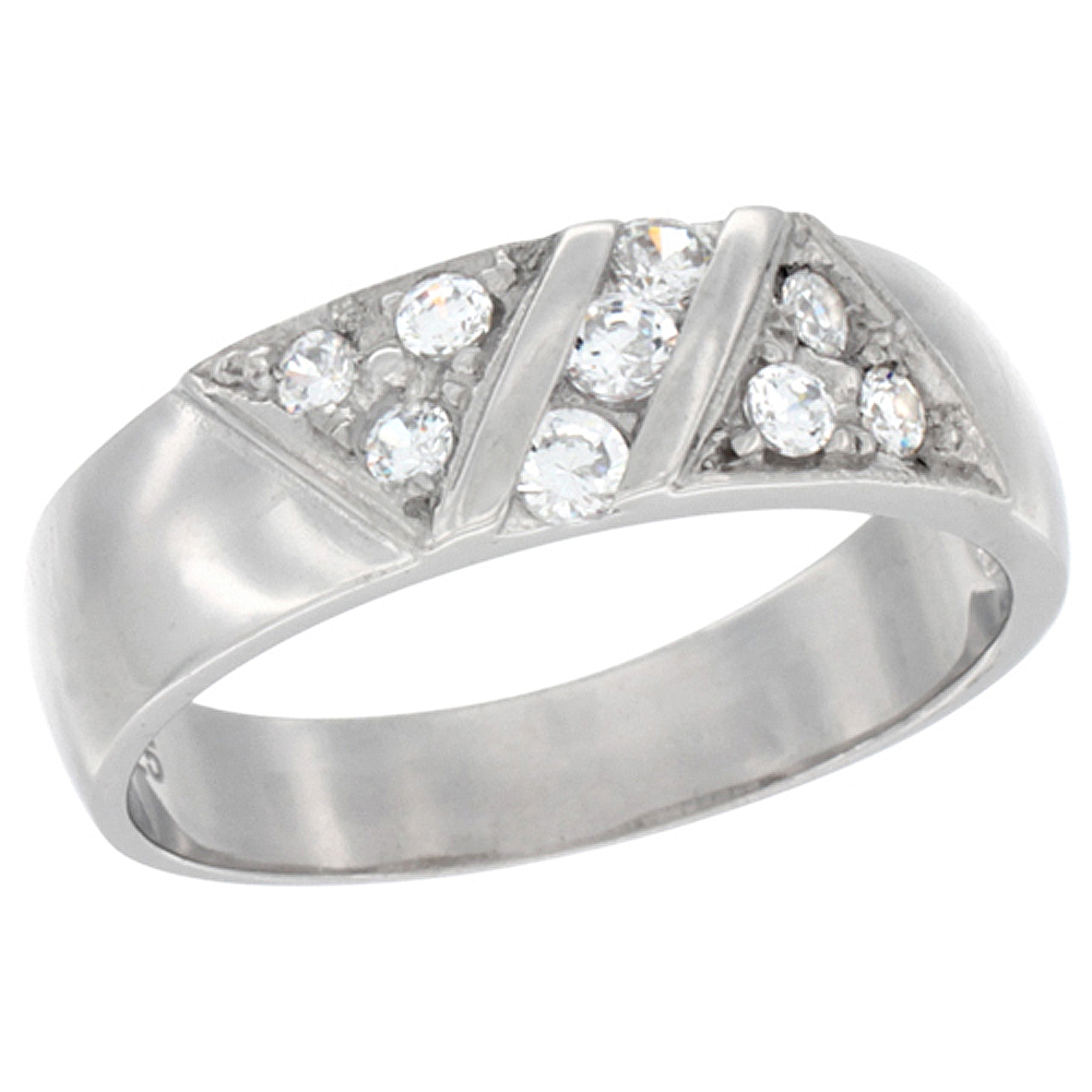 STERLING SILVER CUBIC ZIRCONIA MEN'S WEDDING BAND RING TRIANGLE DESIGN, 9/32 INCH WIDE, SIZES 8 TO 14