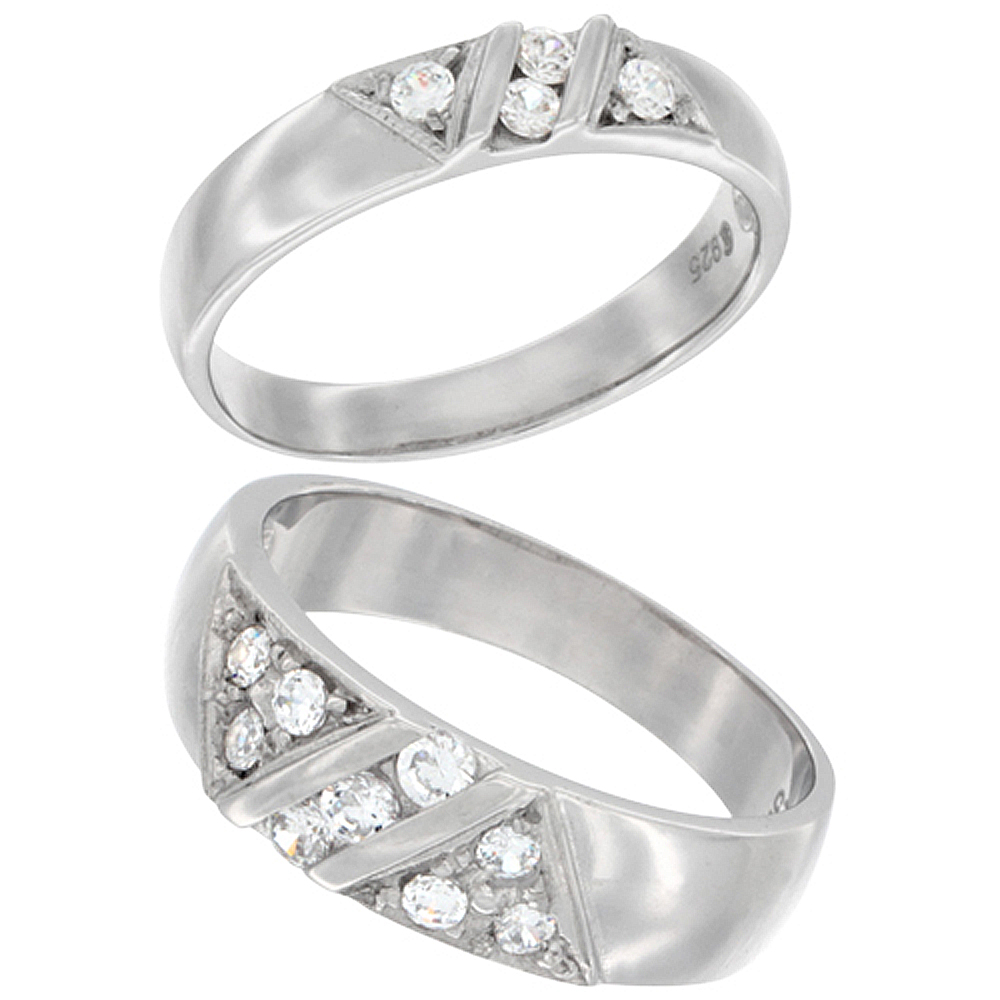 STERLING SILVER CUBIC ZIRCONIA WEDDING BAND RING 2-PIECE SET 7 MM HIM & HERS 4 MM TRIANGLE DESIGN, SIZES M 8-14 L 5-10