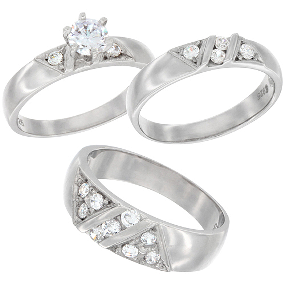 STERLING SILVER CUBIC ZIRCONIA TRIO ENGAGEMENT WEDDING RING SET FOR 7 MM HIM AND HERS 4 MM TRIANGLE DESIGN, L 5 - 10 & M 8 - 14