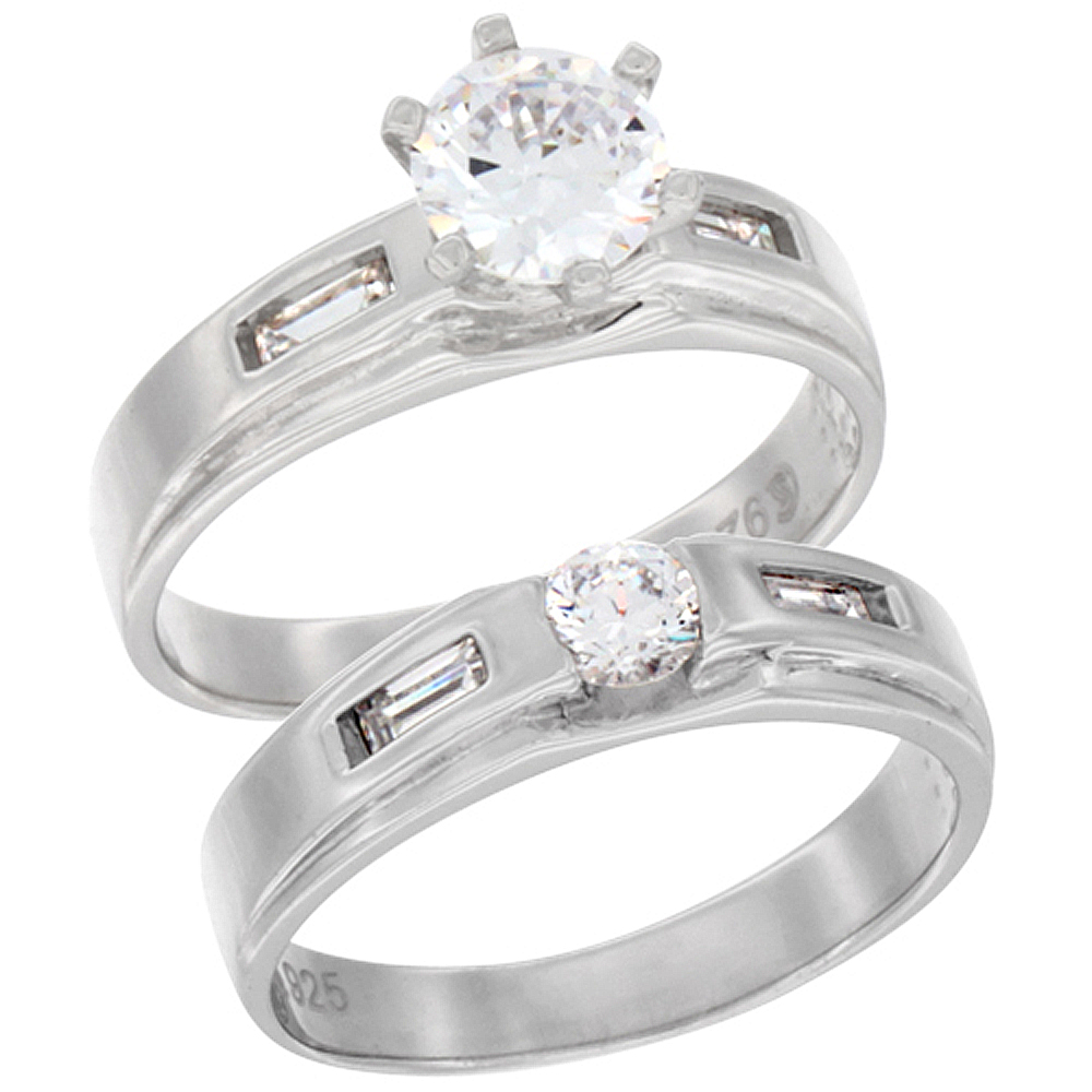STERLING SILVER CUBIC ZIRCONIA LADIES� ENGAGEMENT RING SET 2-PIECE RECTANGULAR DESIGN, 9/32 INCH WIDE, SIZES 5 TO 10