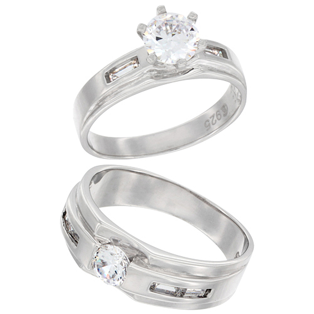 STERLING SILVER CUBIC ZIRCONIA ENGAGEMENT RINGS SET FOR 7 MM HIM & HERS RECTANGULAR DESIGN, L 5 - 10 & M 8 - 14