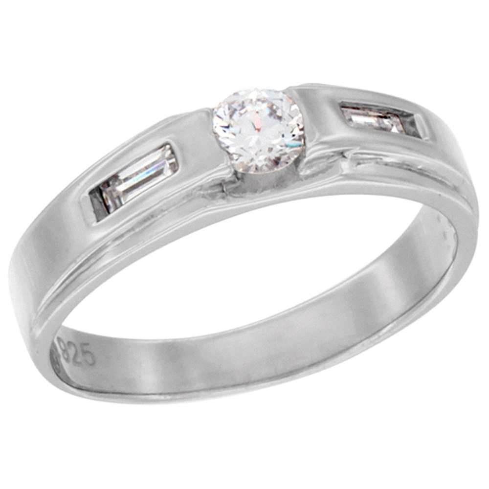 STERLING SILVER CUBIC ZIRCONIA LADIES' WEDDING BAND RING RECTANGULAR DESIGN, 3/16 INCH WIDE, SIZES 5 TO 10