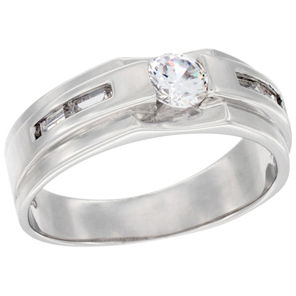 STERLING SILVER CUBIC ZIRCONIA MEN'S WEDDING BAND RING RECTANGULAR DESIGN, 9/32 INCH WIDE, SIZES 8 TO 14