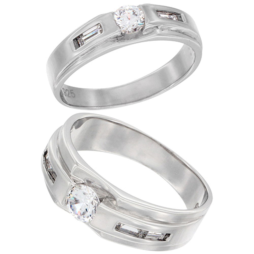 STERLING SILVER CUBIC ZIRCONIA WEDDING BAND RING 2-PIECE SET 7 MM HIM & HERS 5 MM RECTANGULAR DESIGN, SIZES M 8-14 L 5-10