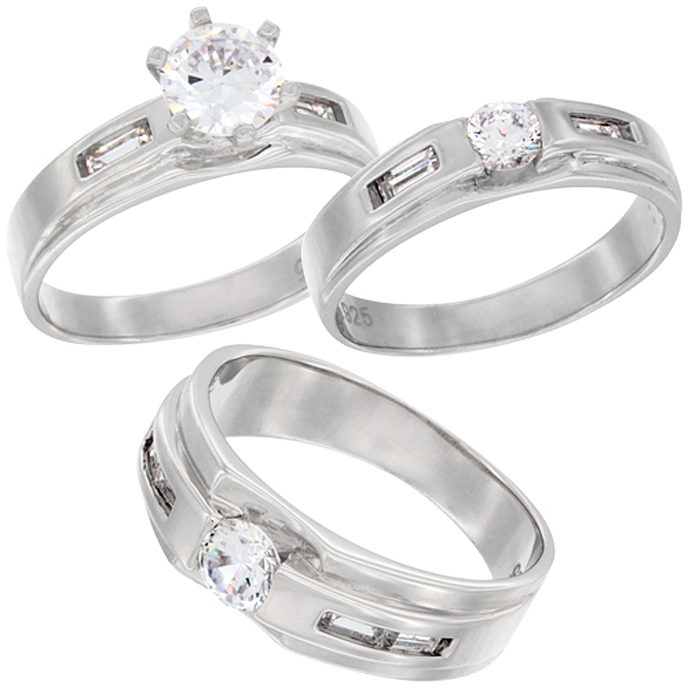 STERLING SILVER CUBIC ZIRCONIA TRIO ENGAGEMENT WEDDING RING SET FOR 7 MM HIM AND HERS 5 MM RECTANGULAR DESIGN, L 5 - 10 & M 8 - 14