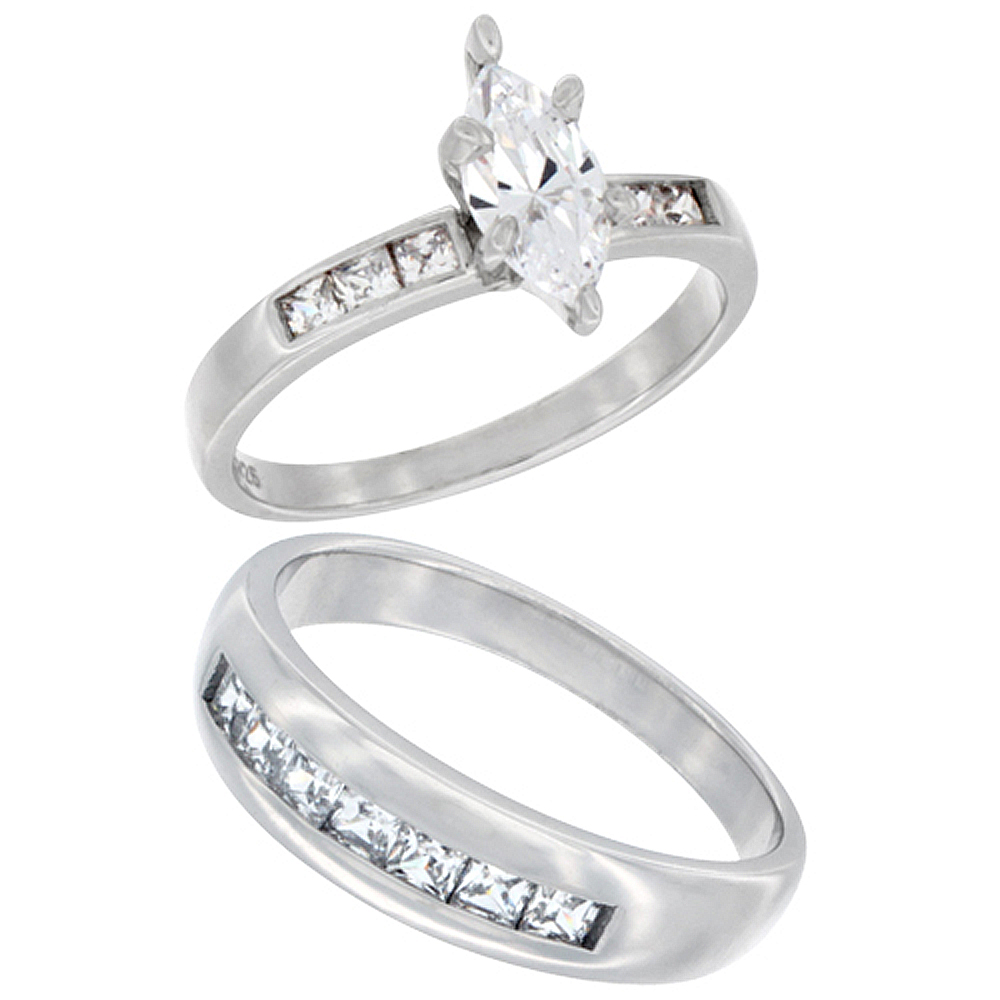 STERLING SILVER CUBIC ZIRCONIA ENGAGEMENT RINGS SET FOR 6 MM HIM & HERS 11 MM CLASSIC CHANNEL DESIGN, L 5 - 10 & M 8 - 14
