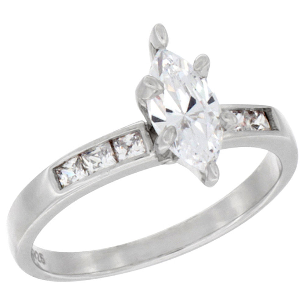 STERLING SILVER CUBIC ZIRCONIA SOLITAIRE ENGAGEMENT RING 1.5 CT MARQUISE, 7/16 INCH WIDE, SIZES 5 TO 10