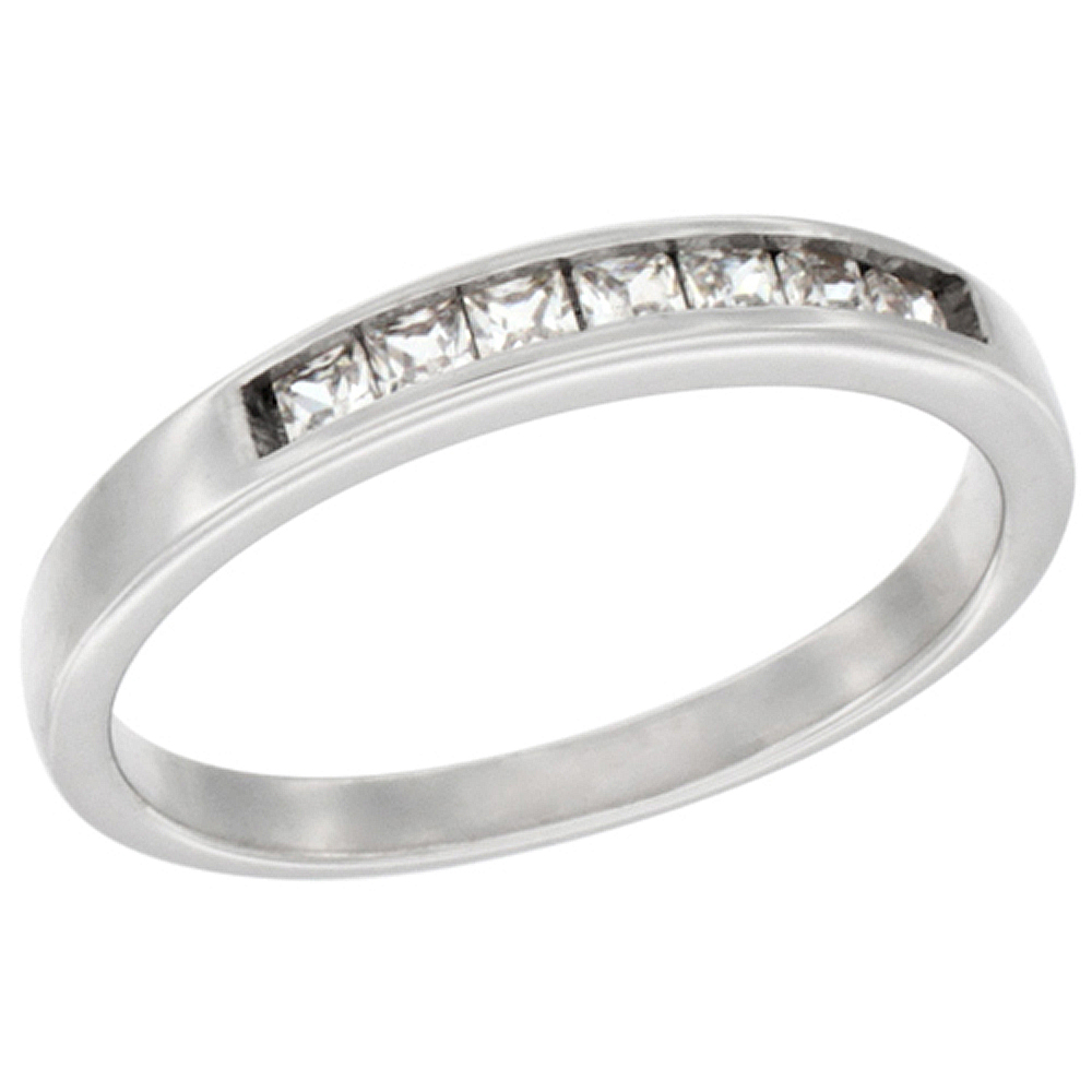 STERLING SILVER CUBIC ZIRCONIA LADIES' WEDDING BAND RING CLASSIC CHANNEL DESIGN, 1/8 INCH WIDE, SIZES 5 TO 10