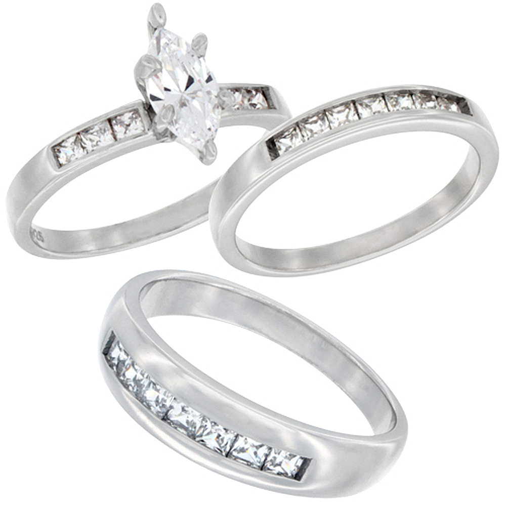 STERLING SILVER CUBIC ZIRCONIA TRIO ENGAGEMENT WEDDING RING SET FOR 6 MM HIM AND HERS 3 MM CLASSIC CHANNEL DESIGN, L 5 - 10 & M 8 - 14