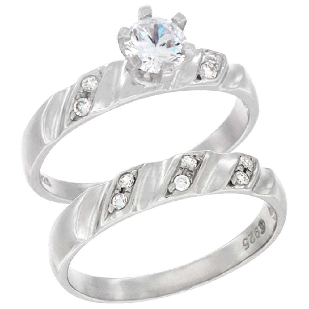 STERLING SILVER CUBIC ZIRCONIA LADIES� ENGAGEMENT RING SET 2-PIECE VERTICAL STRIPES DESIGN, 1/4 INCH WIDE, SIZES 5 TO 10