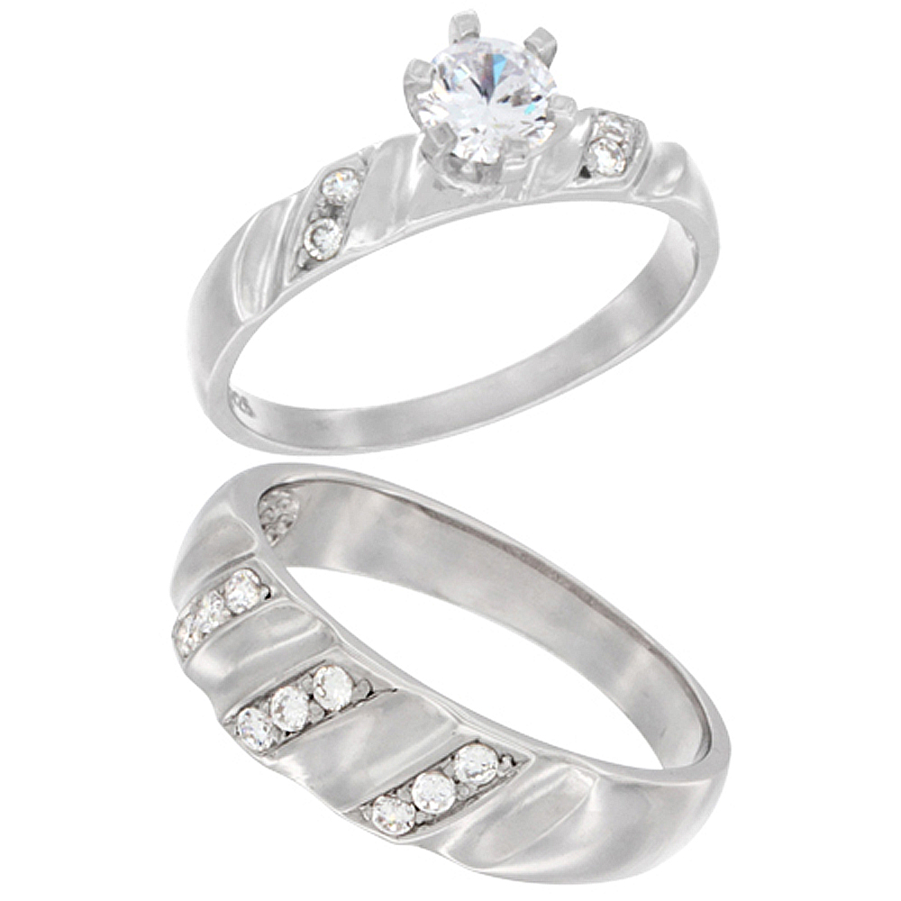 STERLING SILVER CUBIC ZIRCONIA ENGAGEMENT RINGS SET FOR 6 MM HIM & HERS VERTICAL STRIPES DESIGN, L 5 - 10 & M 8 - 14