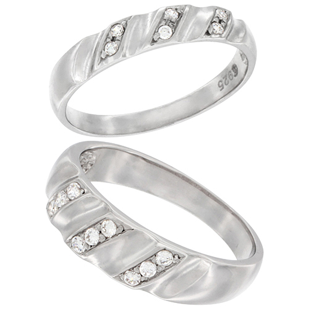 STERLING SILVER CUBIC ZIRCONIA WEDDING BAND RING 2-PIECE SET 6 MM HIM & HERS 4 MM VERTICAL STRIPES DESIGN, SIZES M 8-14 L 5-10