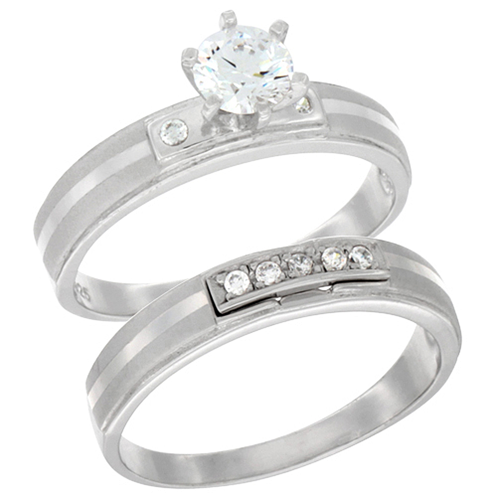 STERLING SILVER CUBIC ZIRCONIA LADIES� ENGAGEMENT RING SET 2-PIECE CENTER STRIPE, 1/4 INCH WIDE, SIZES 5 TO 10