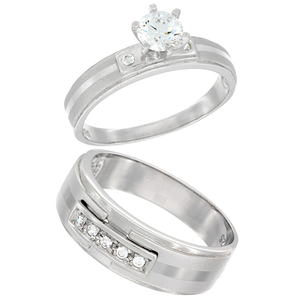 STERLING SILVER CUBIC ZIRCONIA ENGAGEMENT RINGS SET FOR 7 MM HIM & HERS 6 MM CENTER STRIPE, L 5 - 10 & M 8 - 14