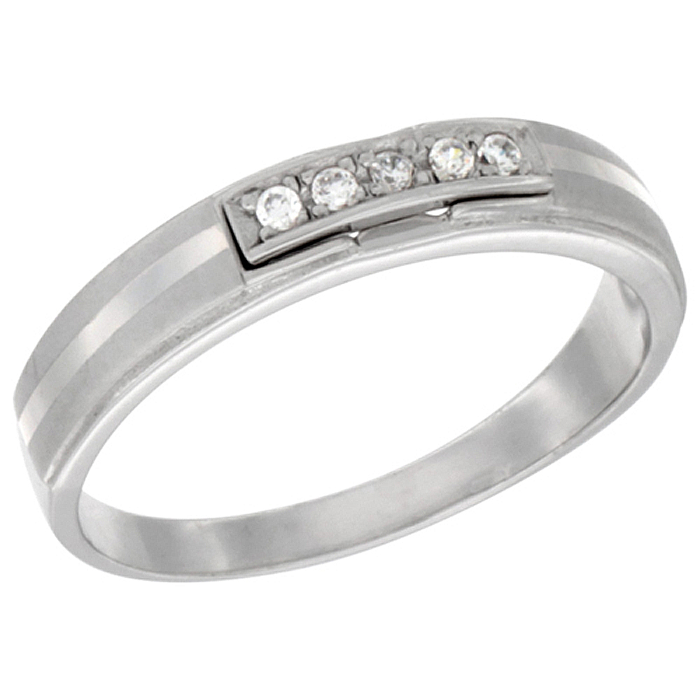 STERLING SILVER CUBIC ZIRCONIA WEDDING BAND RING FOR WOMEN STRIPE CENTER 5/32 INCH WIDE SIZES 5 TO 12