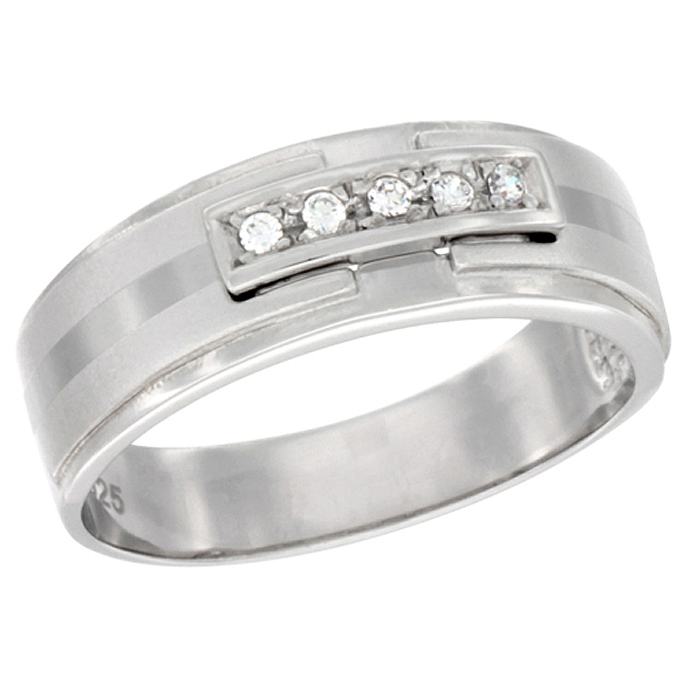 STERLING SILVER CUBIC ZIRCONIA MEN'S WEDDING BAND RING CENTER STRIPE, 5/32 INCH WIDE, SIZES 8 TO 14