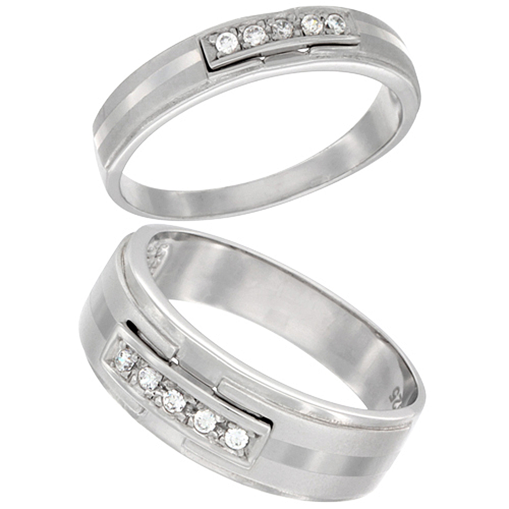 STERLING SILVER CUBIC ZIRCONIA WEDDING BAND RING 2-PIECE SET 7 MM HIM & HERS 4 MM CENTER STRIPE, SIZES M 8-14 L 5-10