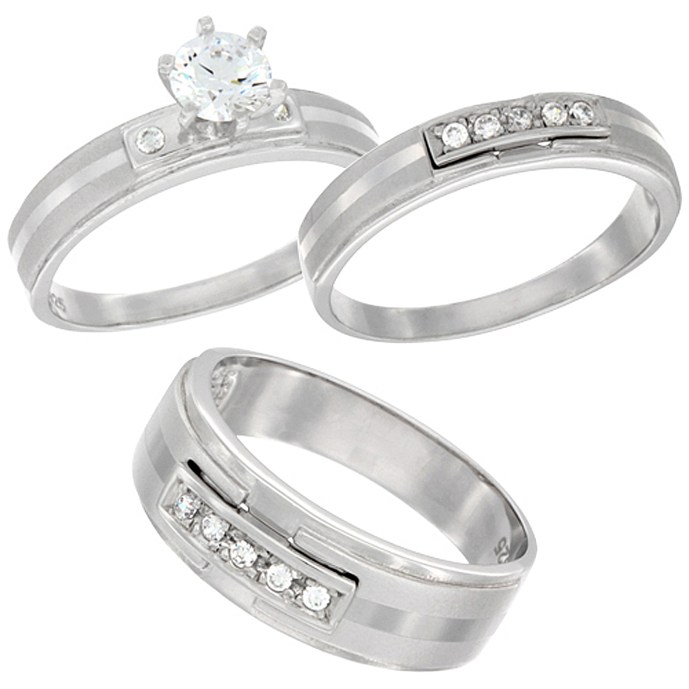 STERLING SILVER CUBIC ZIRCONIA TRIO ENGAGEMENT WEDDING RING SET FOR 7 MM HIM AND HERS 4 MM CENTER STRIPE, L 5 - 10 & M 8 - 14