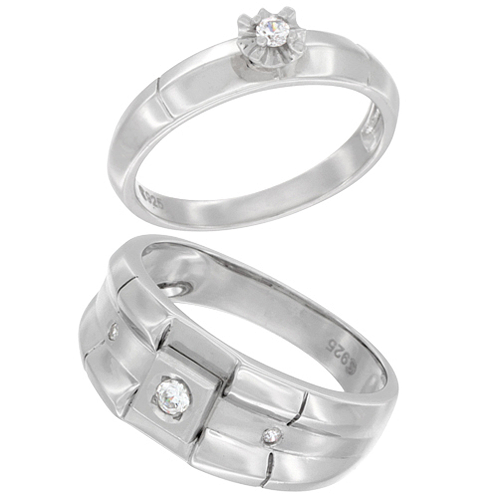 STERLING SILVER CUBIC ZIRCONIA ENGAGEMENT RINGS SET FOR 9 MM HIM & HERS 4 MM RIBBED DESIGN, L 5 - 10 & M 8 - 14