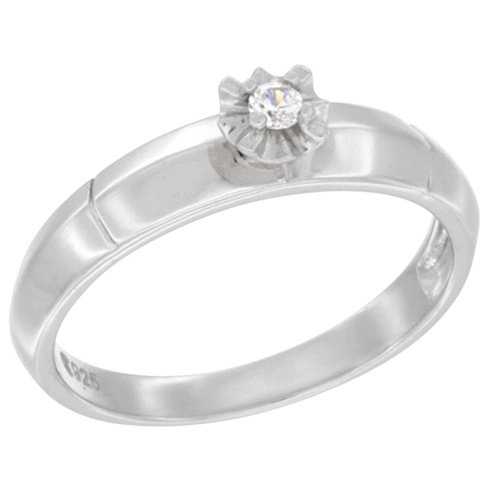STERLING SILVER CUBIC ZIRCONIA SOLITAIRE ENGAGEMENT RING 0.05 CT ROUND, 3/32 INCH WIDE, SIZES 5 TO 10