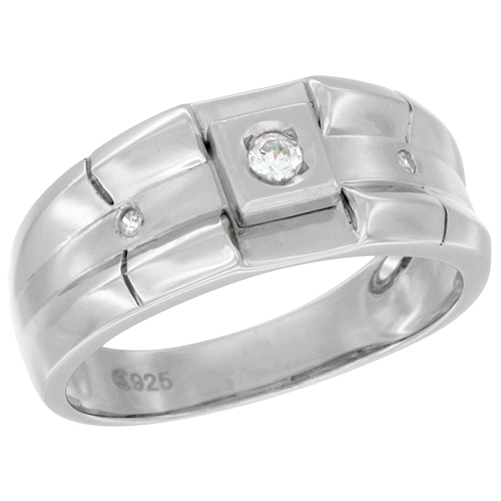 STERLING SILVER CUBIC ZIRCONIA MEN'S WEDDING BAND RING RIBBED DESIGN, 11/32 INCH WIDE, SIZES 8 TO 14