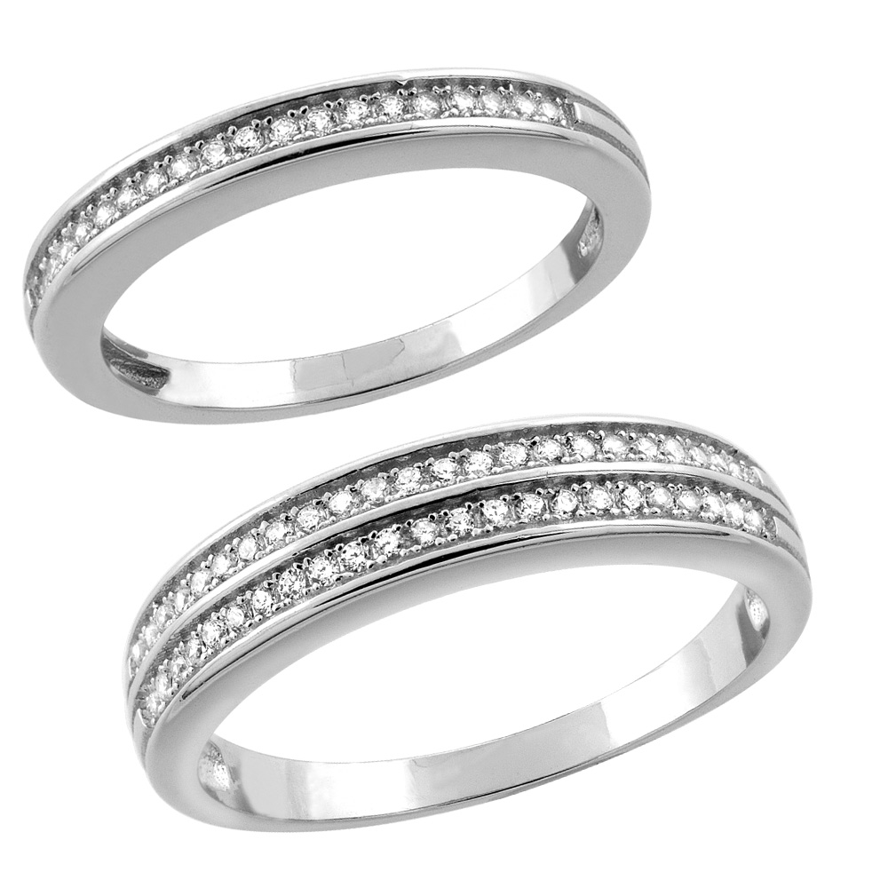 2-PIECE STERLING SILVER CUBIC ZIRCONIA HALF ETERNITY WEDDING RING SET FOR HIM & HER 2.5 & 4.5MM MICROPAVE RHODIUM FINISH SIZES 5-13