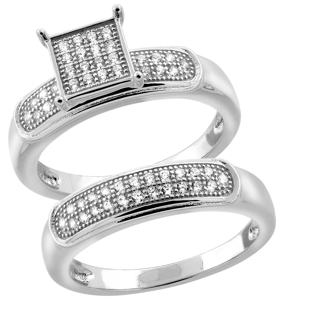 STERLING SILVER MICRO PAVE CUBIC ZIRCONIA PAVE SQUARE LADIES' ENGAGEMENT 2-PIECE RING SET, 1/4 INCH WIDE SIZES 5 TO 10