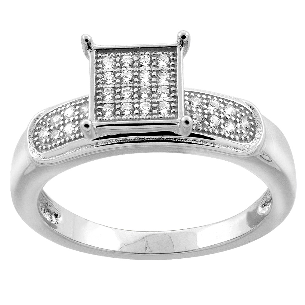 STERLING SILVER MICRO PAVE CUBIC ZIRCONIA PAVE SQUARE LADIES' ENGAGEMENT RING, 1/4 INCH WIDE, SIZES 5 TO 10