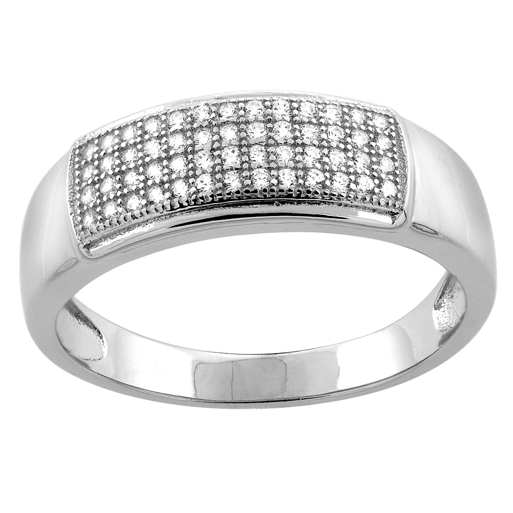 STERLING SILVER MICRO PAVE CUBIC ZIRCONIA MEN'S 4-ROW WEDDING BAND, 5/16 INCH WIDE, SIZES 8 TO 14