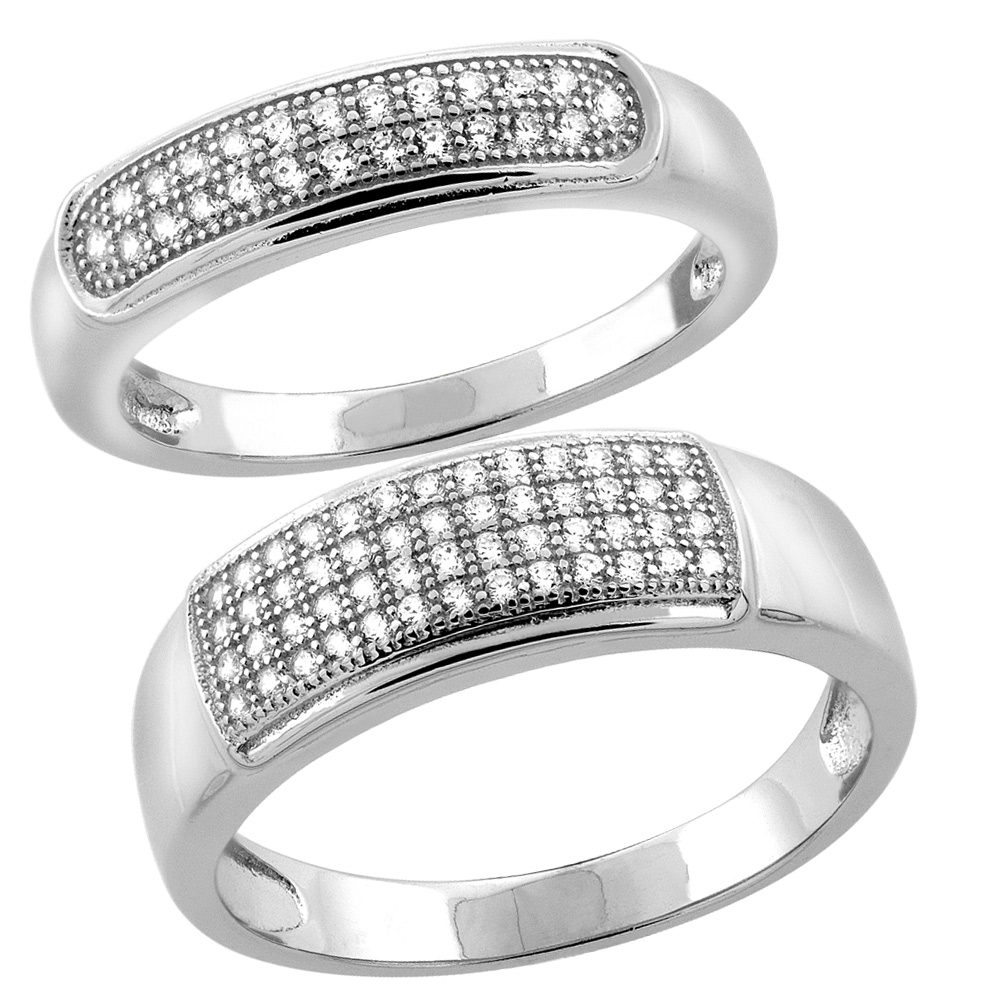STERLING SILVER MICRO PAVE CUBIC ZIRCONIA WEDDING RING 2-PIECE SET 7 MM HIM & HERS 6 MM, SIZES M 8-14 L 5-10