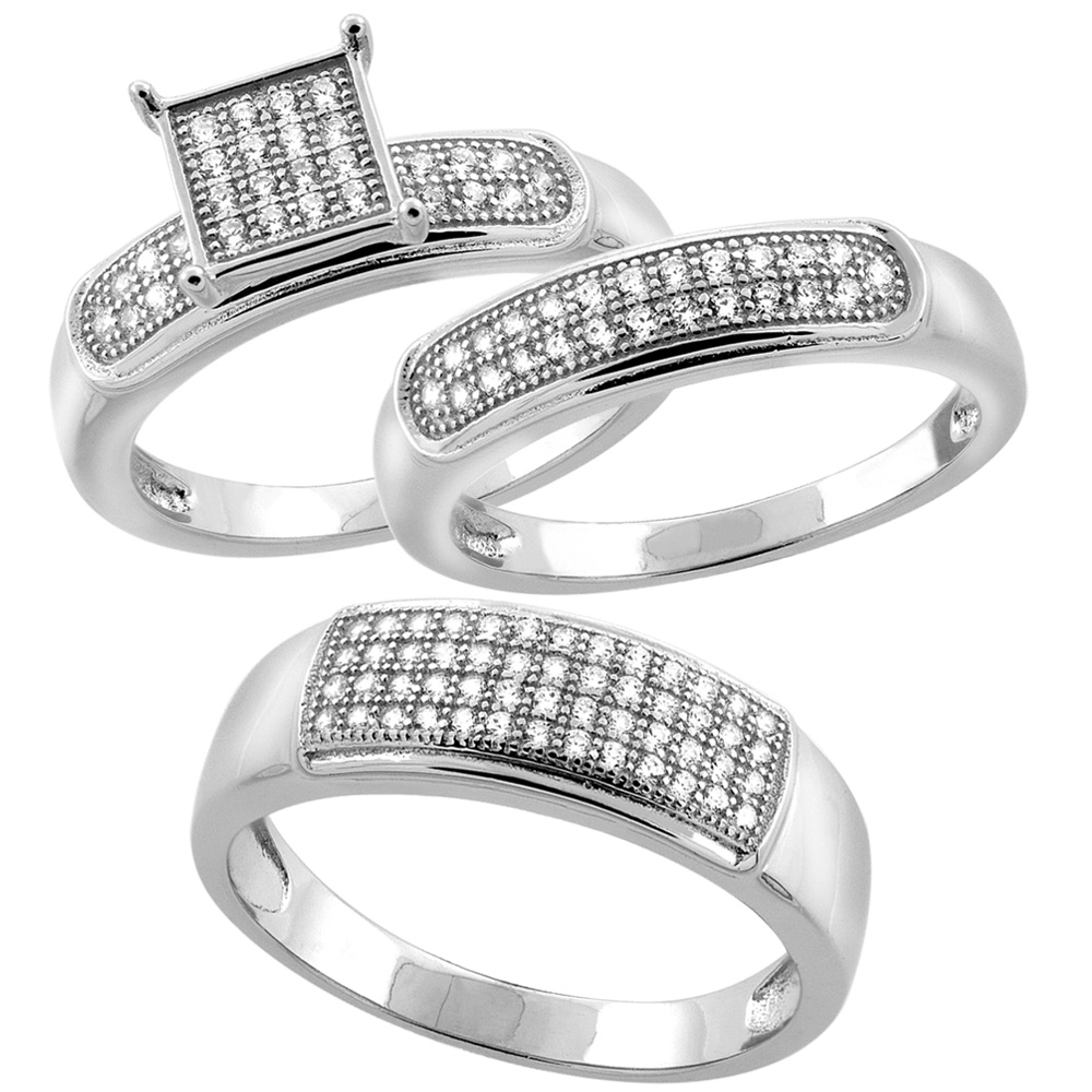 STERLING SILVER MICRO PAVE CUBIC ZIRCONIA TRIO WEDDING RING SET FOR 7 MM HIM & HERS 6 MM, L 5 - 10 & M 8 - 14