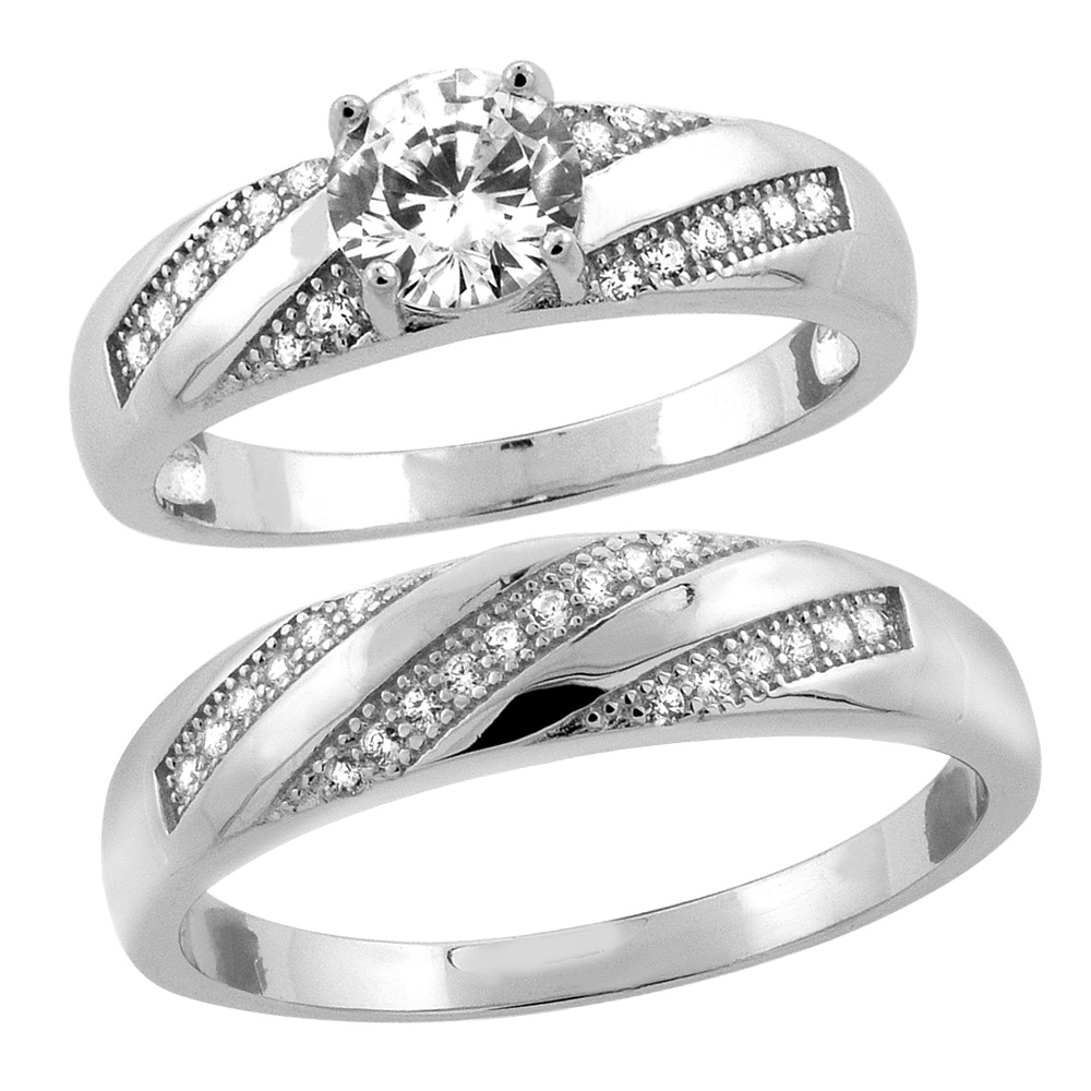 Sterling Silver Micro Pave Cubic Zirconia Engagement Ring Set for 5 mm Him & Hers 6 mm, L 5 - 10 & M 8 - 14