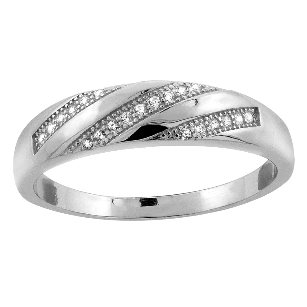 STERLING SILVER MICRO PAVE CUBIC ZIRCONIA STRIPED LADIES' WEDDING BAND, 3/16 INCH WIDE, SIZES 5 TO 10